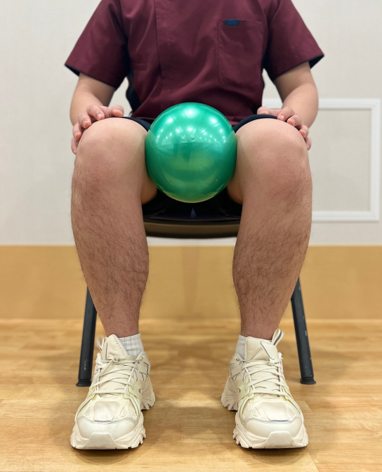 椅子に浅く座った状態で膝の間にボール（クッションでもOK）を挟む